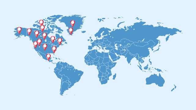 World map silhouette with multiple red location pins clustered across North America and Greenland