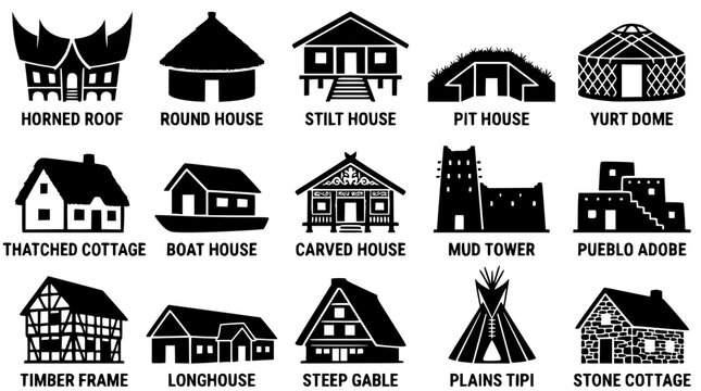 Various traditional house styles from around the world in vector graphic