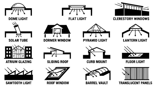 Various types of natural and artificial lighting for buildings illustrated
