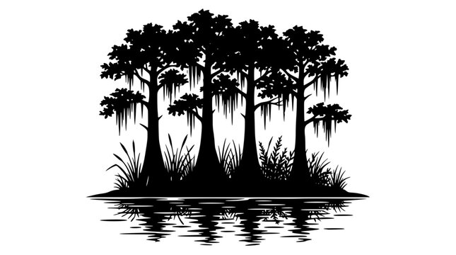 Black silhouette of trees with spanish moss on a small island
