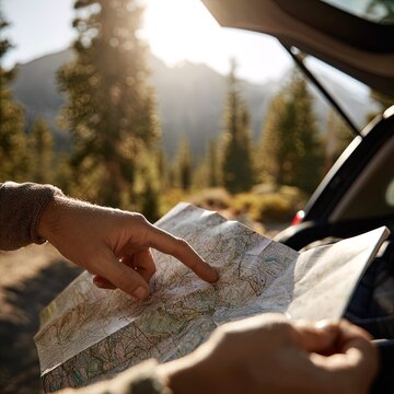Person reading topographic map while camping in car with mountain forest landscape in background during golden hour road trip adventure