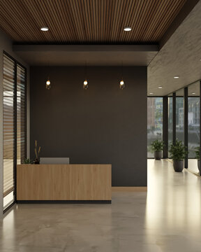 Wooden reception counter on marble floor in front of black wall with hanging lamp in modern building