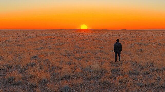 Man standing in vast dry field at sunset