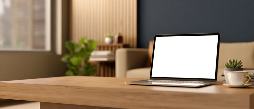 White screen laptop with coffee cup and books on wooden table across sofa and window in living room.