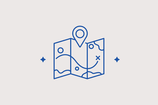 Folded paper map with pin pointer line icon for quest navigation for open world travel games. Professional vector illustration for adventure path interfaces, location tracking, or map menus.