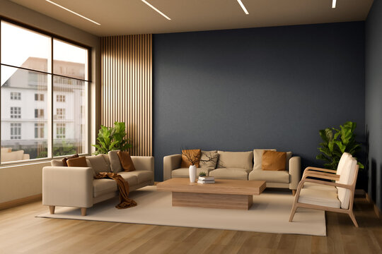 Beige sofa and chair and table on carpet on wooden floor beside blue wall and window in living room.