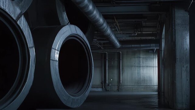 Large concrete industrial pipes lined in a grimy underground utility corridor beneath exposed ductwork and ventilation, evoking abandoned urban infrastructure and maintenance grit