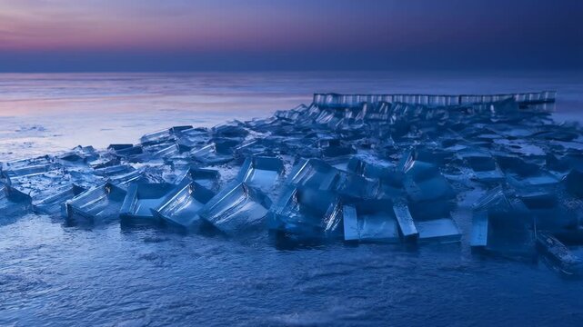 Ice Blocks Arranged in Neat Rows on a Tranquil Frozen Surface at Twilight with a Soft Gradient Sky Background.