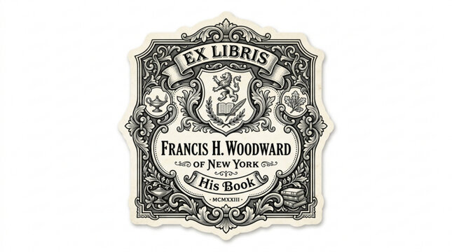 Monochrome bookplate sticker with Ex Libris text and ornate design