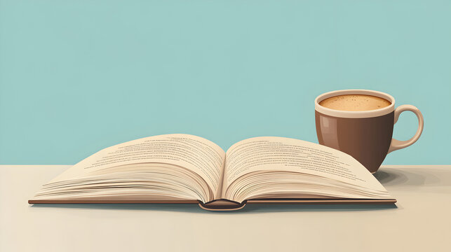 An open book and a cup of coffee on a table with a blue background