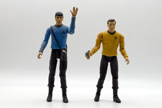 Bologna, Italy - May 2026: Captain James T. Kirk and Mr. Spock action figure wearing the starfleet officer uniform isolated on white.