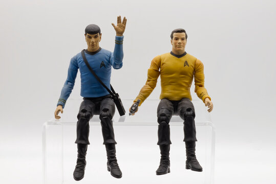 Bologna, Italy - May 2026: Captain James T. Kirk and Mr. Spock action figure wearing the starfleet officer uniform.