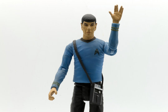 Bologna, Italy - May 2026: Mr. Spock action figure wearing the blue starfleet science officer uniform and making the Vulcan salute.