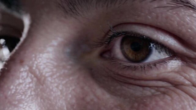 Extreme close up view of blinking human brown eye, detailed look at skin texture and eyelashes looking aside in dark environment. Concept of visual perception and deep psychological mood