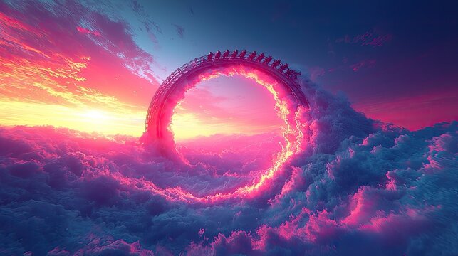 Surreal Roller Coaster Loop Above Clouds at Sunset