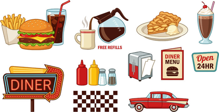 Vintage Diner Elements Including Sign Menu and Retro Car