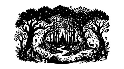 Fototapeta premium Magical Enchanted Forest Silhouette with Animals Fairies and Winding Path