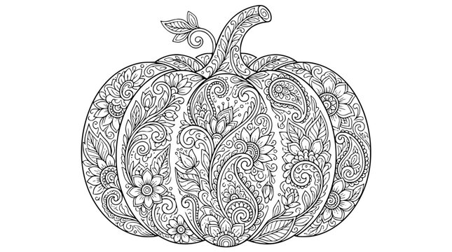 Intricate Floral Paisley Pumpkin Coloring Page Illustration