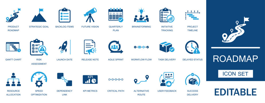 Product roadmap and project planning icon set. Featuring agile sprint timeline, gantt chart, milestone tracking, and corporate business strategy symbols.