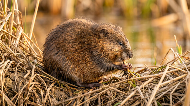 muskrat (ondatra zibethicus) eating roots on a riverbank