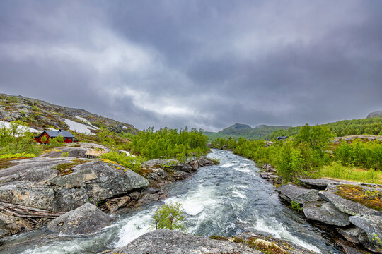 Wild Mountain River Flowing Through Rocky Scandinavian Landscape