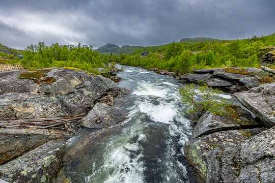 Wild Mountain River Flowing Through Rocky Scandinavian Landscape