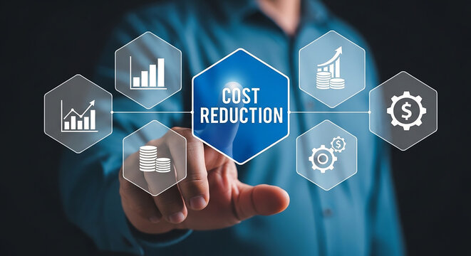Cost Reduction Strategy: A hand points to a digital interface displaying Cost Reduction surrounded by icons representing financial growth, efficiency, and savings.