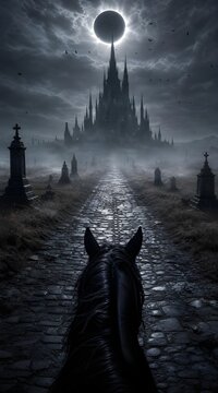 First-person POV equestrian shot, a tall raven-black horse &mdash; ears locked forward, silken black mane stirring in the unnatural twilight wind &mdash; visible at the bottom of the frame, an ancient cobblestone