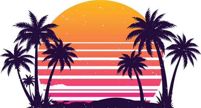 Retro 80s synthwave sunset palm tree vector t-shirt design.