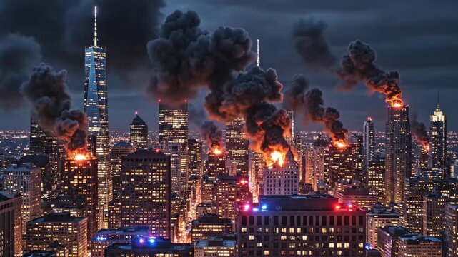 A harrowing cinematic depiction portrays a major metropolitan skyline engulfed in multiple infernos at night while billowing smoke plumes erupt from various high rise buildings during a chaotic
