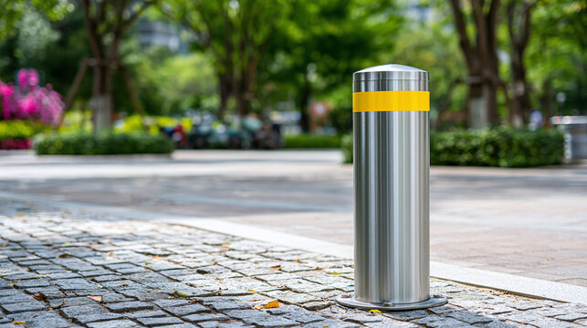 parking meter on the road Stainless steel security bollard with yellow reflective stripe stands on paved pedestrian walkway in city park to control vehicle access