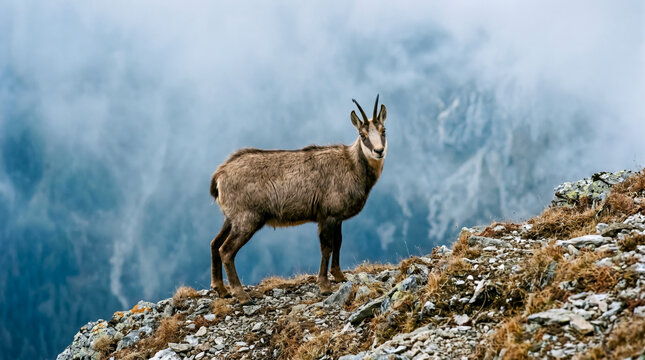 chamois (rupicapra rupicapra) standing on a rocky mountain peak