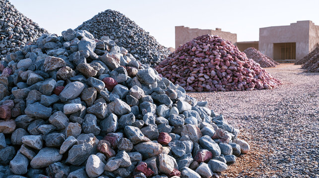 Various sizes of gray stone aggregate ready for construction at a building site