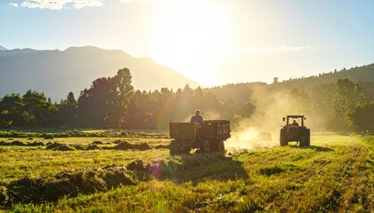 Fototapeta premium Farmer on tractor loading hay into trailer at sunset in rural field with mountains