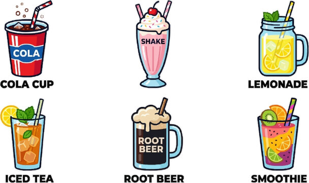 Collection of assorted drink icons including soda, milkshake, lemonade, iced tea, and smoothie.