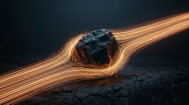 Dark rock resisting flowing streaks of glowing energy