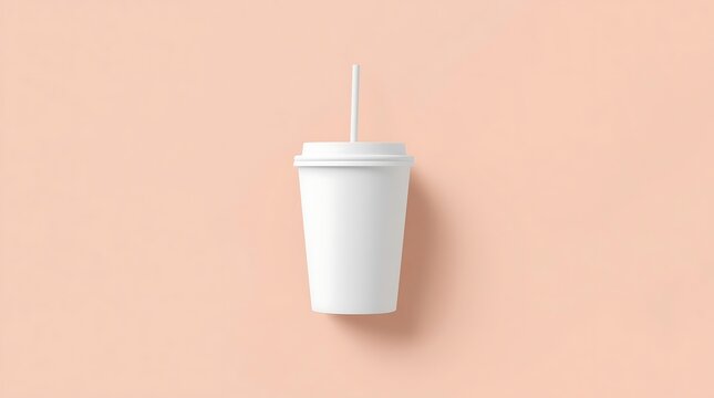 White plastic cup with straw on a pastel pink background, top view.