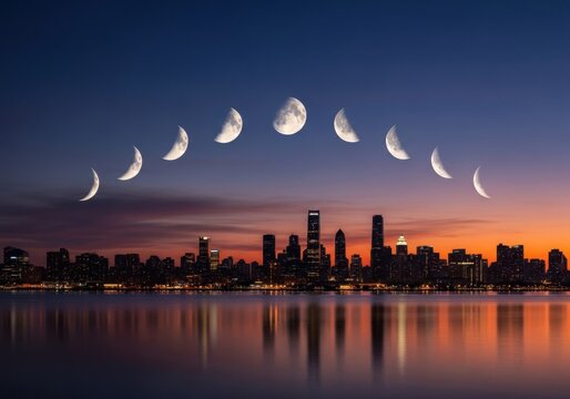 Full moon cycle phases appearing above a dark city skyline during a colorful purple and orange sunset