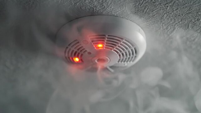 White smoke detector on textured ceiling detecting thick smoke in home interior