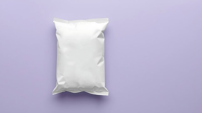 White sealed plastic bag on a light purple background, top view.