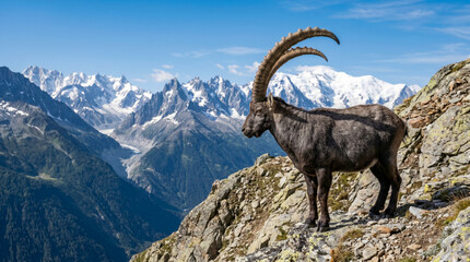 Obraz premium majestic alpine ibex (capra ibex) standing on a rocky cliff high in the snowy mountains