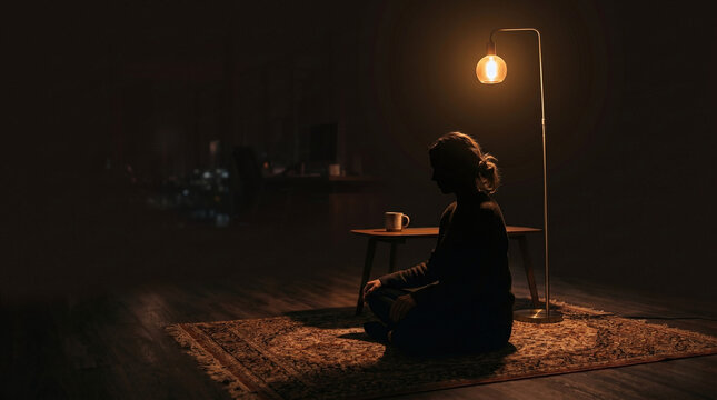Woman Meditating in a Dark Room During a Night Work Break