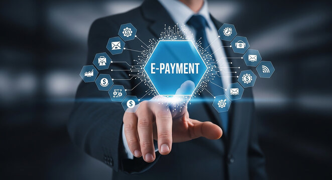 E-Payment Innovation: A businessman in a suit touches a glowing E-PAYMENT icon on a digital interface, surrounded by interconnected service symbols, signifying the future of digital transactions.