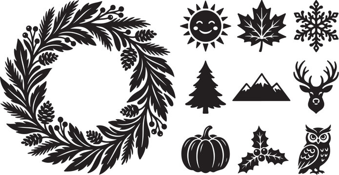 Autumn and winter seasonal icon set collection