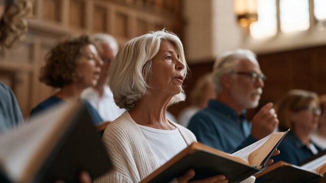 Rosh Hashanah synagogue choir rehearsing Kol Nidre melodies in a wood-paneled sanctuary during September afternoon light, prayer books open and conductor gesturing, Jewish worship choral tradition H