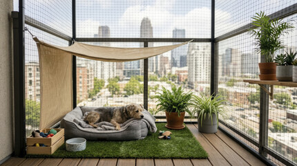 Obraz premium Cozy dog balcony haven with city views, featuring a soft bed, hammock, and artificial grass for comfortable urban pet living.
