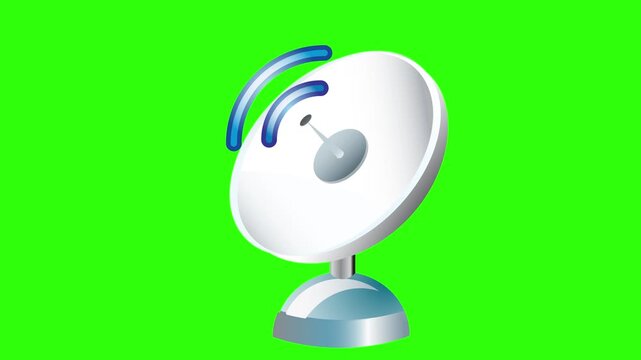 A white satellite dish antenna with blue signal waves broadcasting on a vibrant green screen background.White Satellite Dish Antenna Broadcasting Signal on Green Screen Background