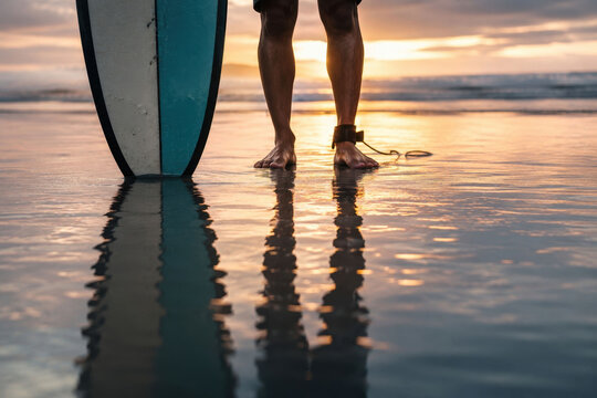 Surfer with board stands in water at sunset