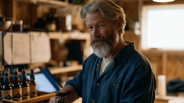 Professional home brewer in his 50s bottling a seasonal amber ale in a basement setup, capper tool in hand, labeled bottles in a carrying tray, fermentation notes and a recipe binder open on the nea