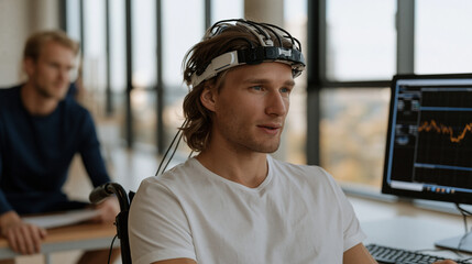 Fototapeta premium Paralympic athlete mentally composing text message using only brainwave-based brain-computer interface, sports physiotherapist reviewing neural activity log on adjacent monitor, rehabilitation sport